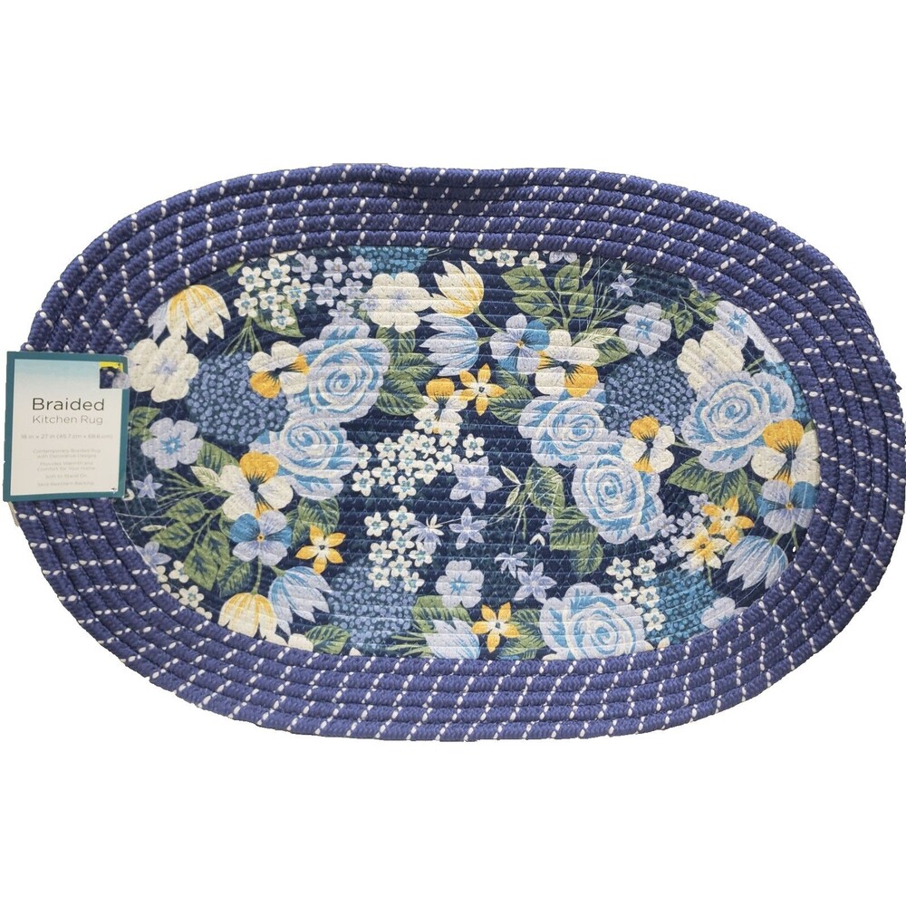 Oval Braided Kitchen Accent Rug (18"x27") BLUE FLORAL DESIGN,FLOWERS, HAILEY, DG
